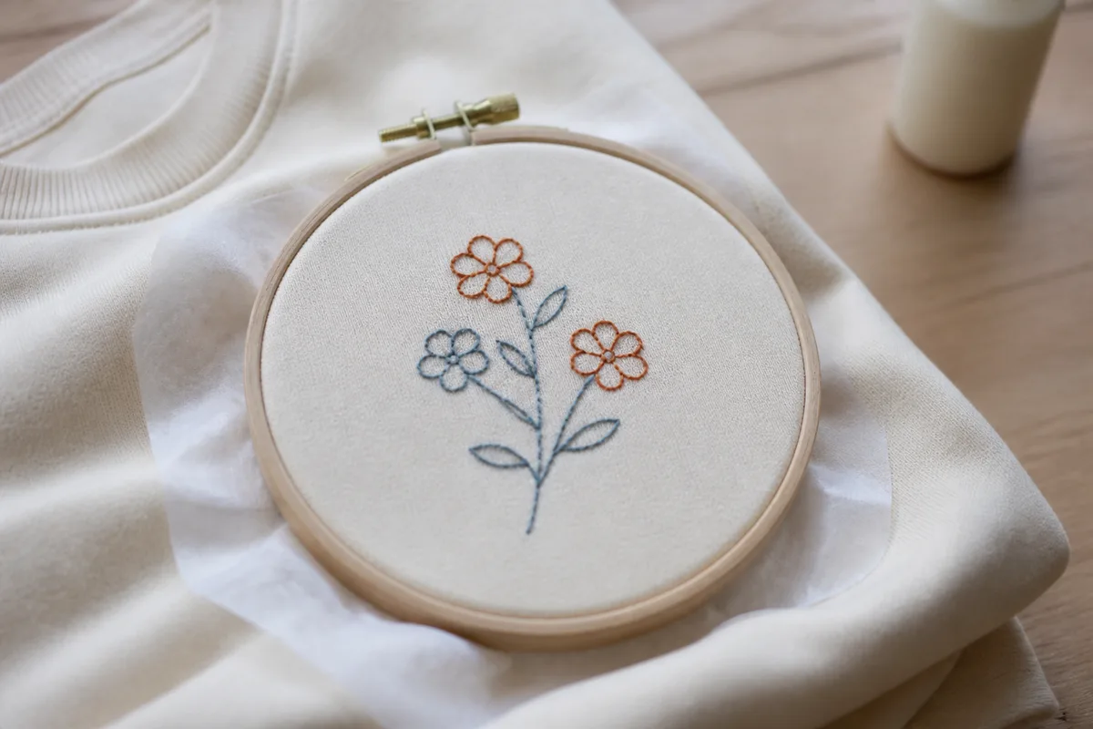 Sweat en molleton crème tendu dans un tambour à broder en bois, motif floral en cours