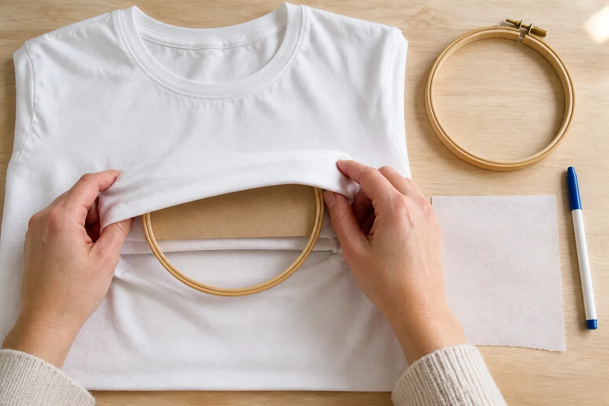 Mains anonymes glissant un cercle à broder sous le devant d’un t-shirt blanc posé à plat