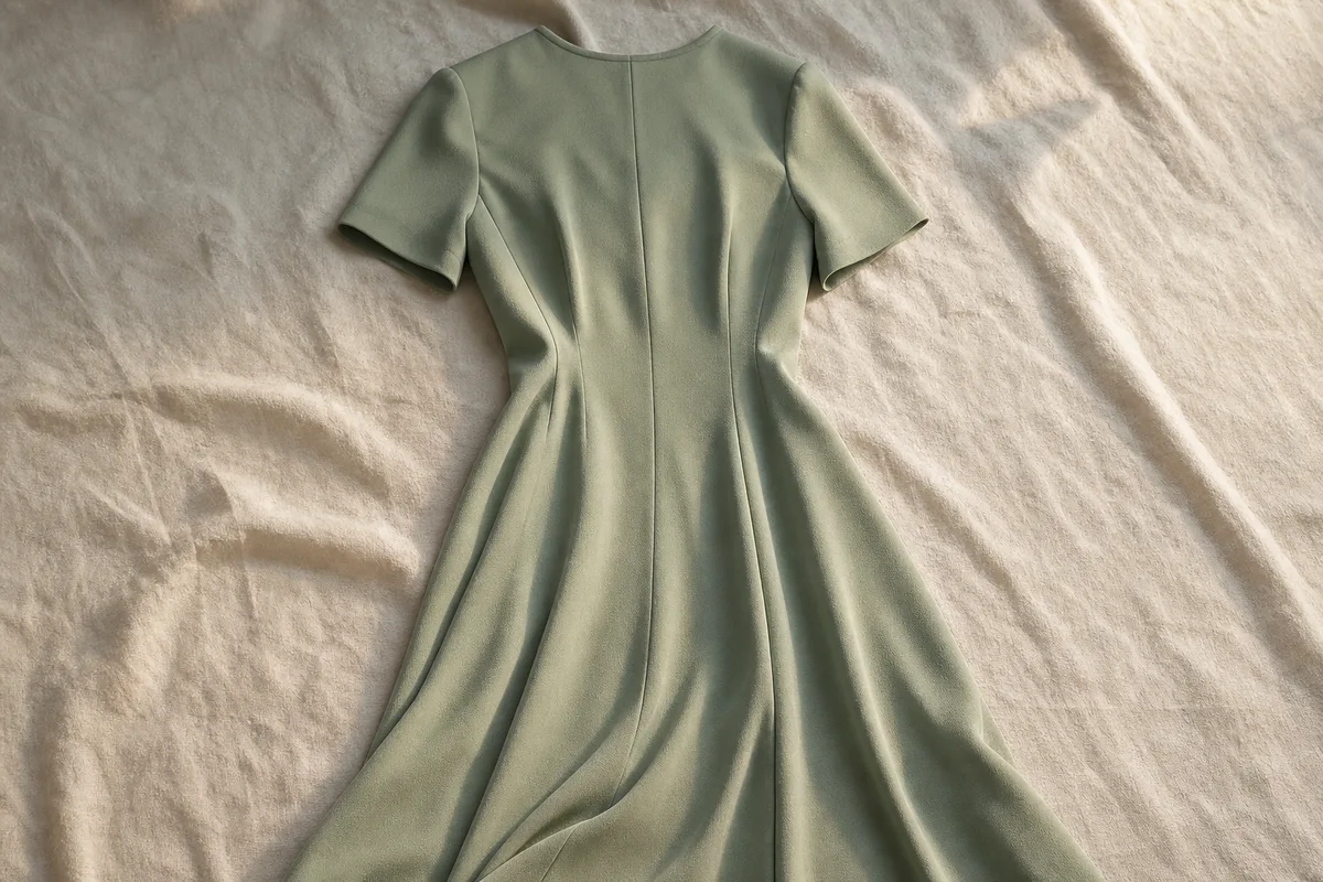 Robe en tissu fluide posée à plat montrant une couture dos fermée sans zip apparent