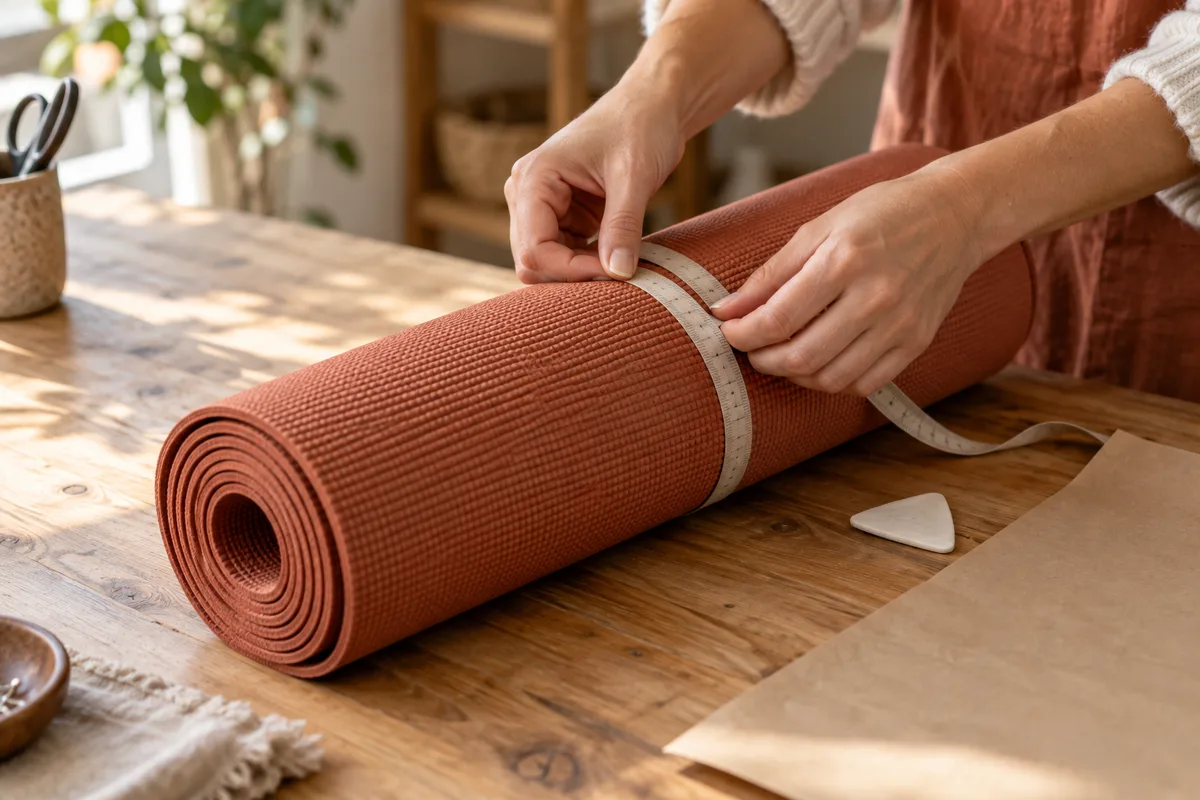Mains mesurant le tour d’un tapis de yoga roulé avec un mètre ruban de couturière