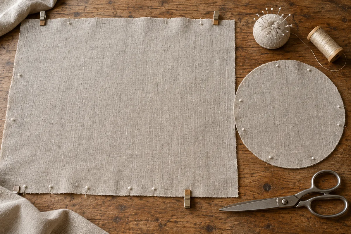 Pièces de lin découpées et épinglées sur une table de couture pour un sac à tapis de yoga