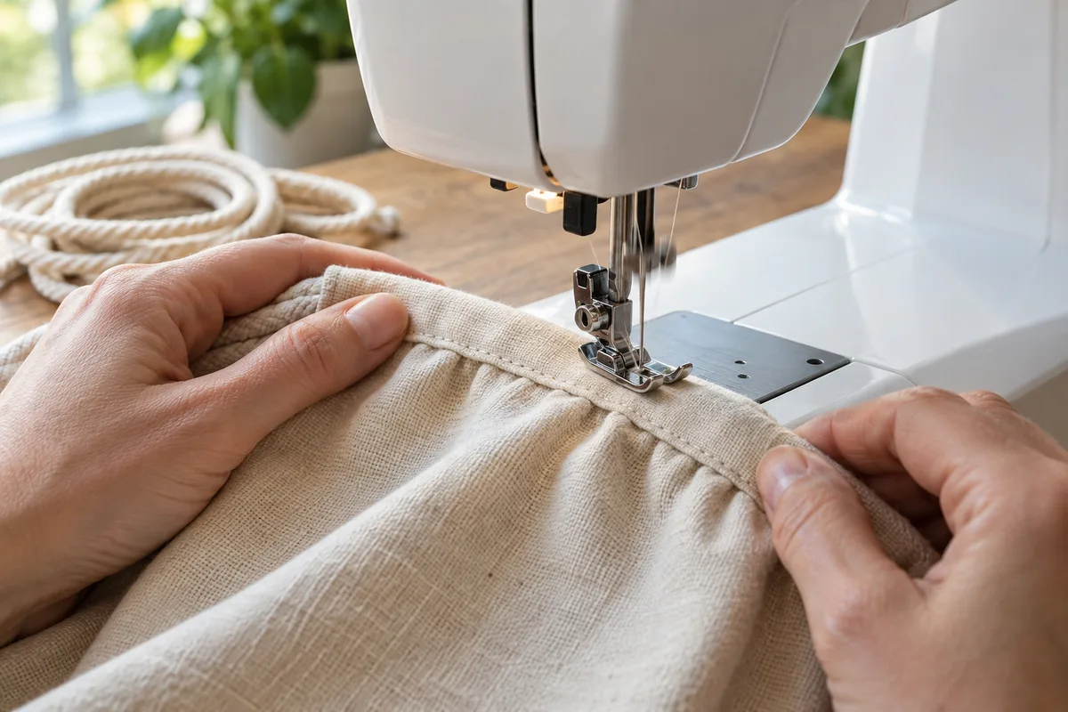 Machine à coudre piquant la gaine de coulisse d’un sac en toile écrue