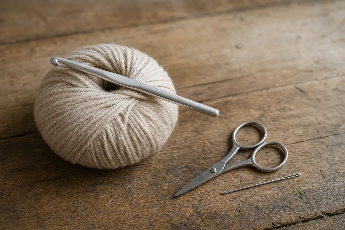 Crochet en aluminium posé sur une pelote de laine claire, lumière naturelle du matin