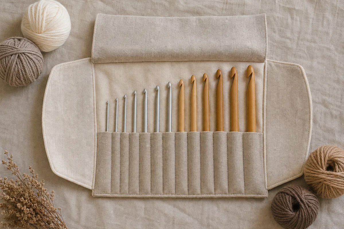 Assortiment de crochets de tailles différentes rangés dans un étui en tissu, vue de dessus
