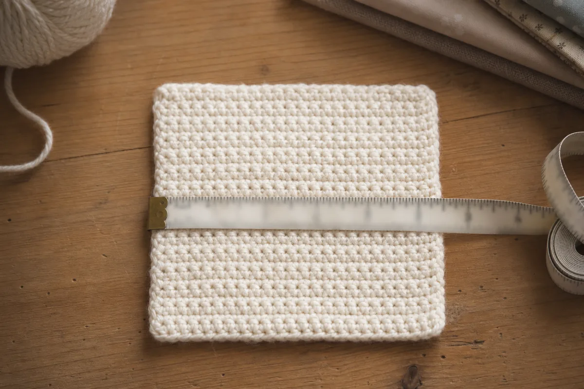 Carré d’échantillon au crochet posé à plat sur une table en bois avec un mètre ruban souple