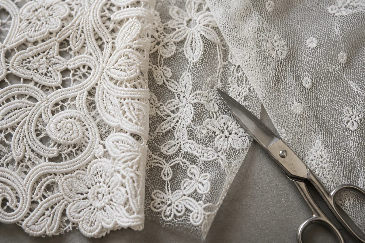 Détail de dentelle ivoire à motifs floraux posée sur une table de coupe avec ciseaux de couturière