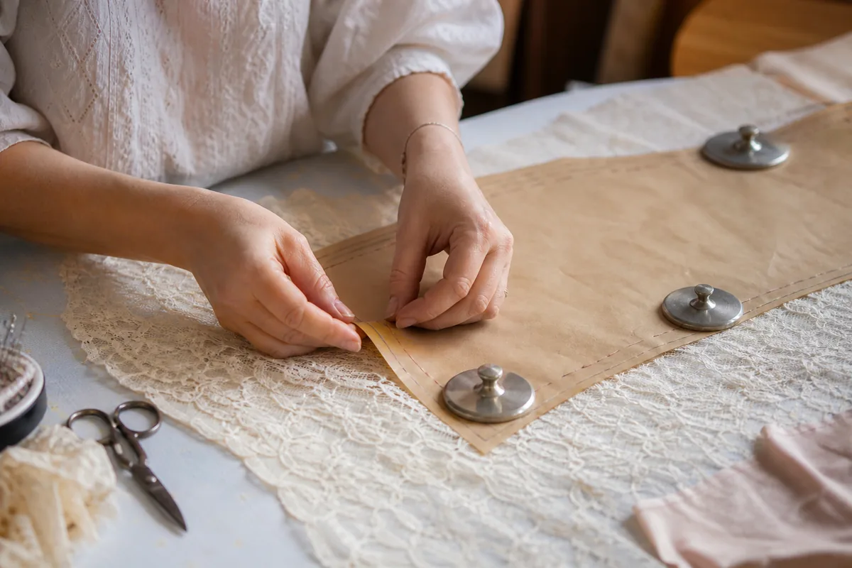 Mains de couturière positionnant un patron en papier sur une dentelle festonnée maintenue par des poids