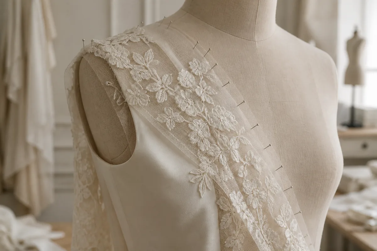 Superposition de dentelle ivoire, de tulle et de satin duchesse drapés sur un mannequin de couture