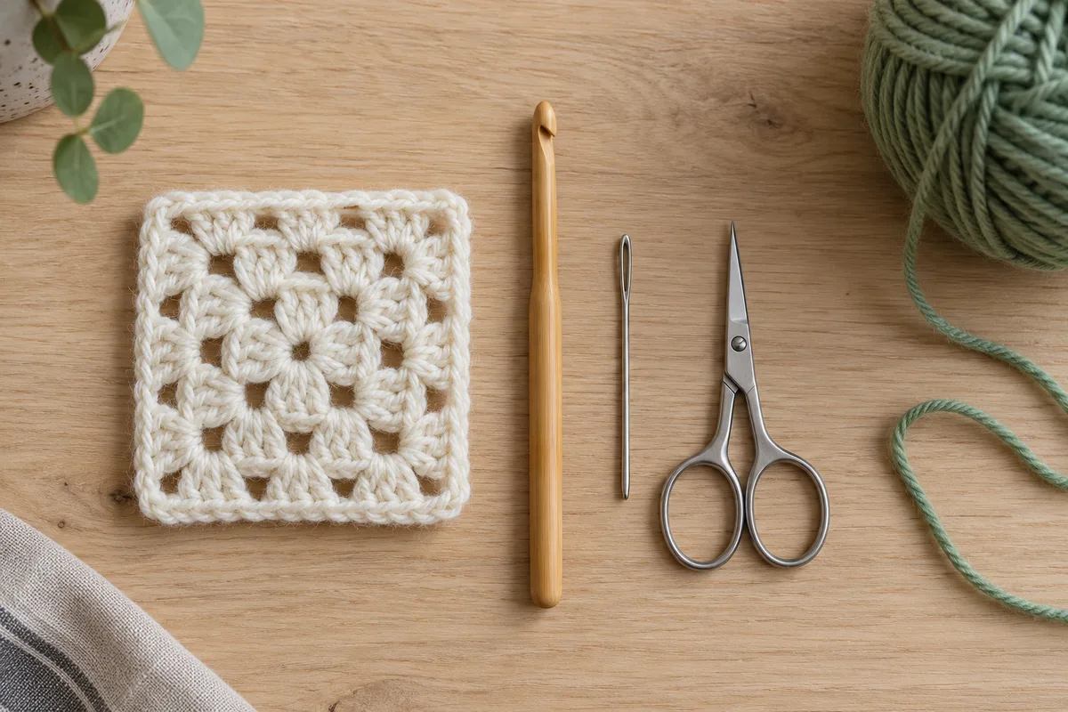 Crochet en bambou, aiguille à laine et petit carré granny crème posés sur une table en bois