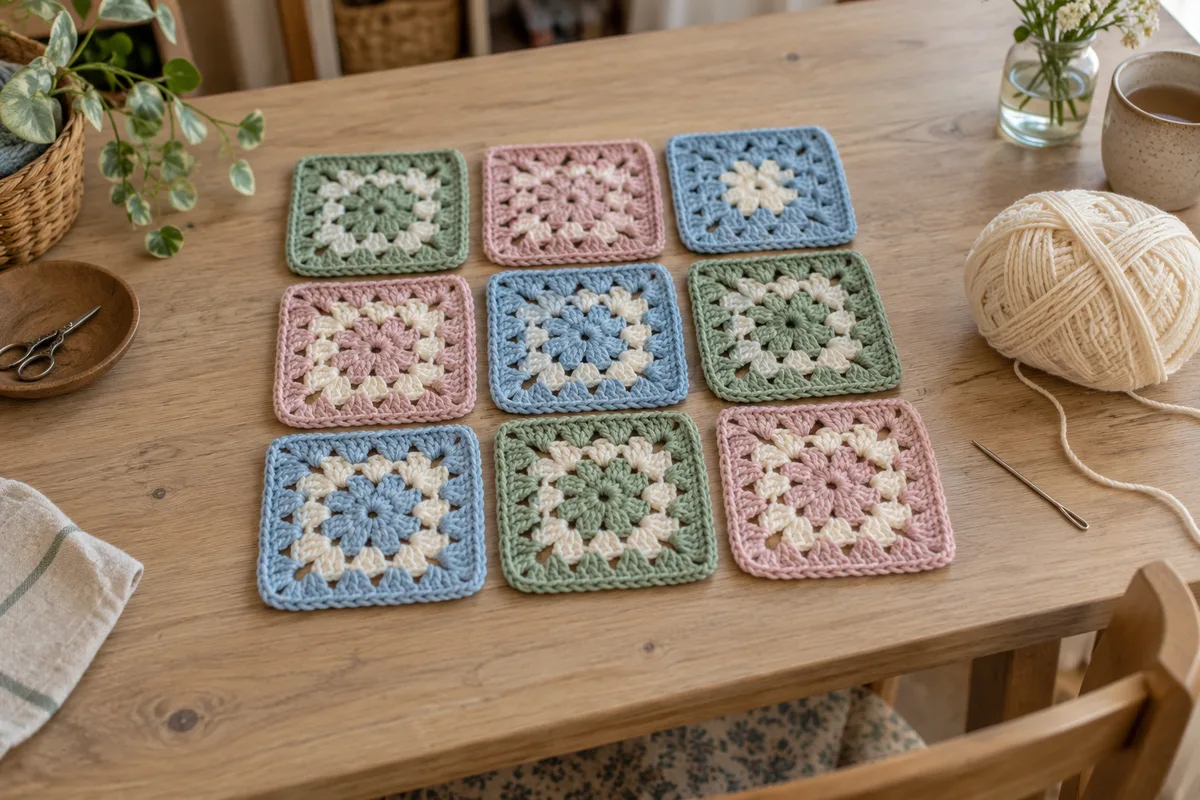 Neuf carrés granny au crochet de couleurs douces disposés en grille avant assemblage