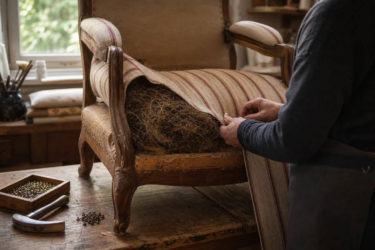 Tapissier garnissant un fauteuil ancien avec crin et tissu d’ameublement dans un atelier chaleureux