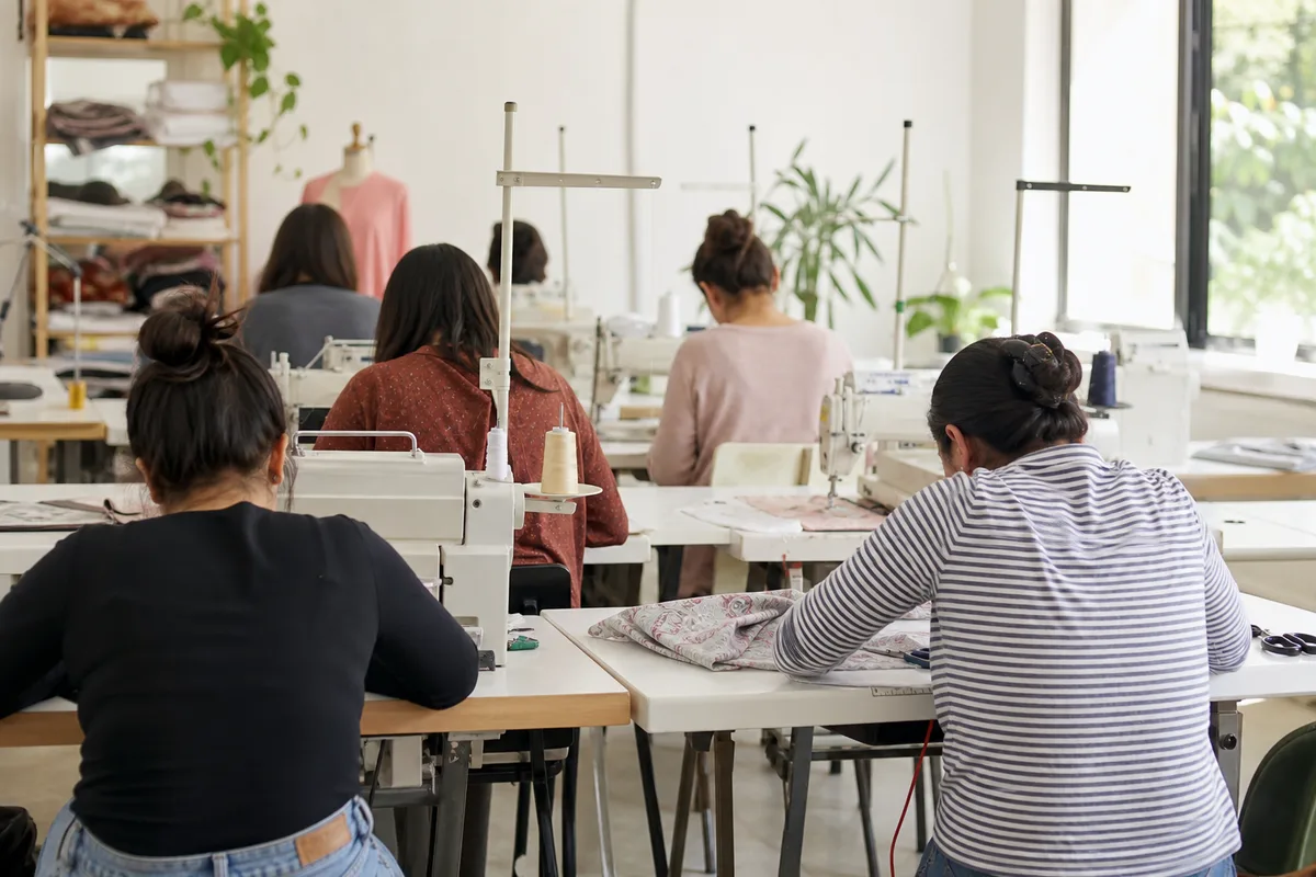 Atelier de formation à la couture avec plusieurs machines à coudre alignées et apprenants de dos