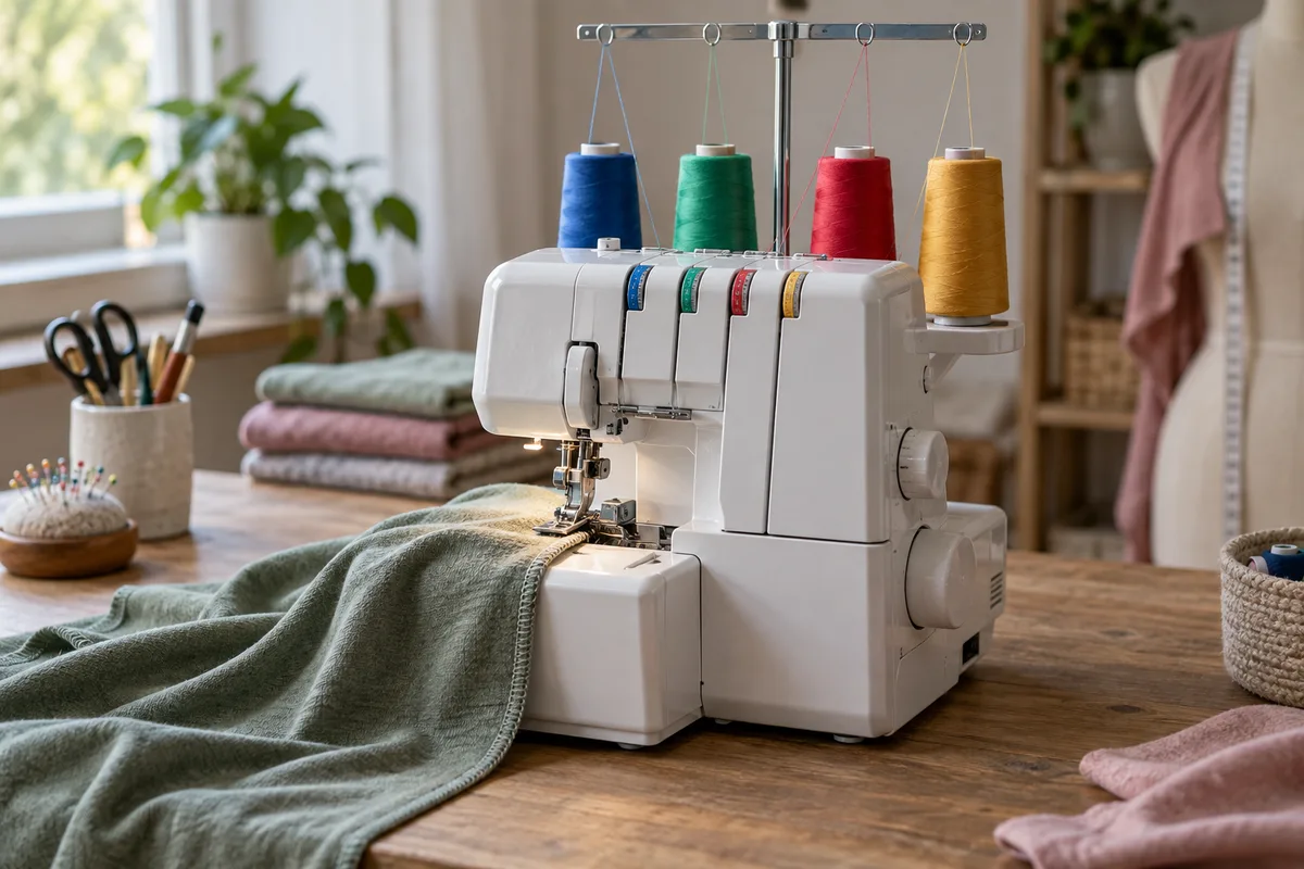Surjeteuse avec quatre bobines de fil et un tissu sous le pied