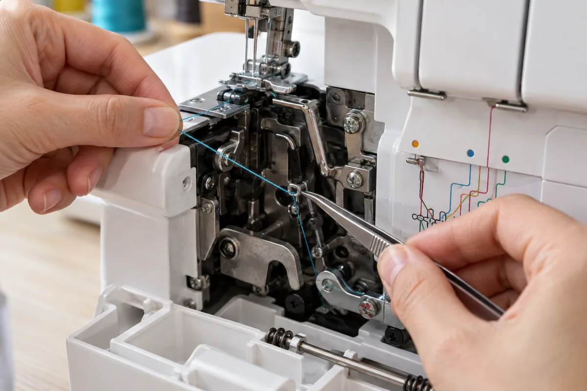 Mains enfilant le fil d’un boucleur de surjeteuse ouverte