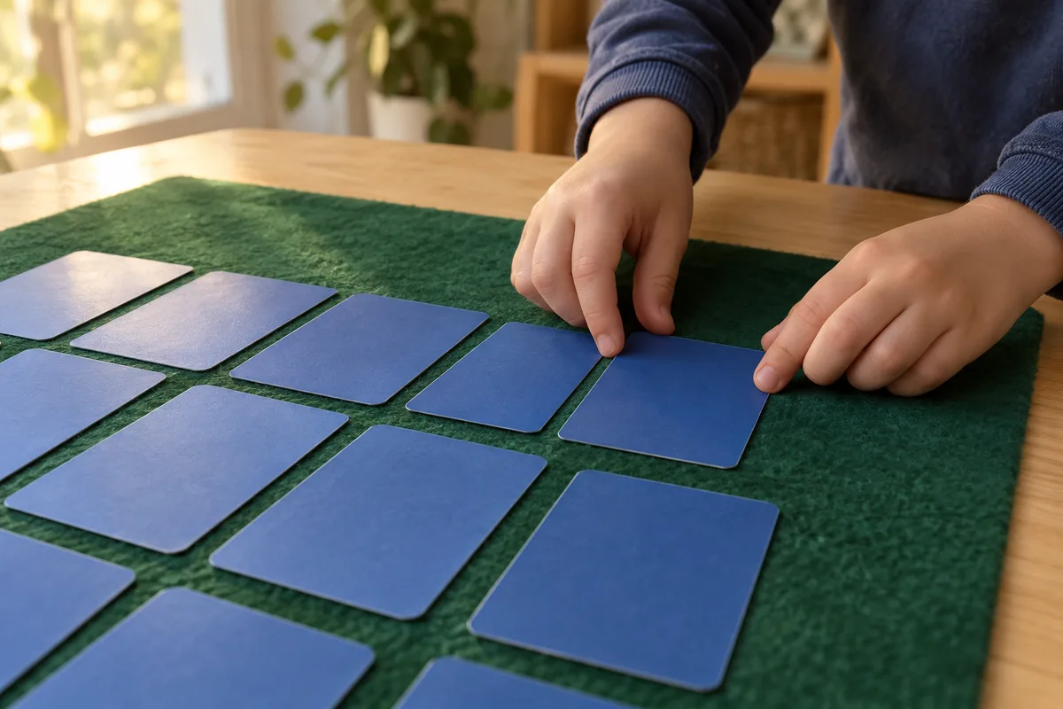 Mains d’enfant alignant des cartes à collectionner présentées côté dos sur un tapis en feutrine vert sapin