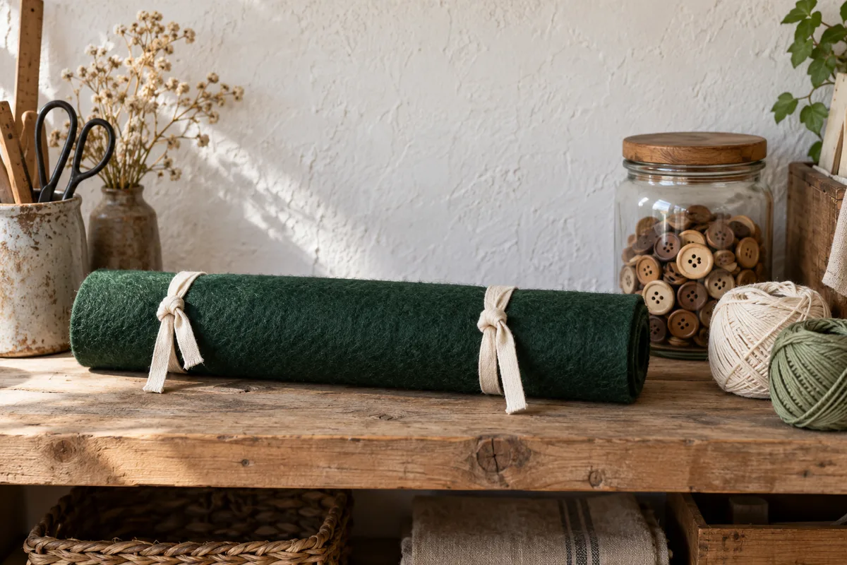 Tapis de jeu en feutrine roulé et noué par deux liens en tissu sur une étagère d’atelier