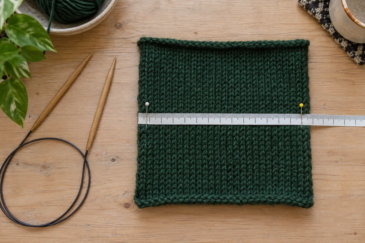 Échantillon de tricot jersey mesuré avec un mètre ruban posé à plat sur une table en bois