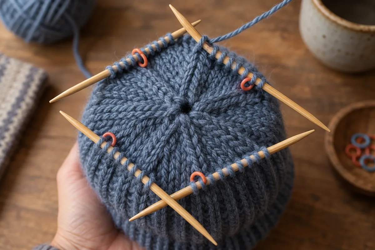 Sommet de bonnet en cours de diminutions tricoté sur quatre aiguilles doubles pointes en bambou
