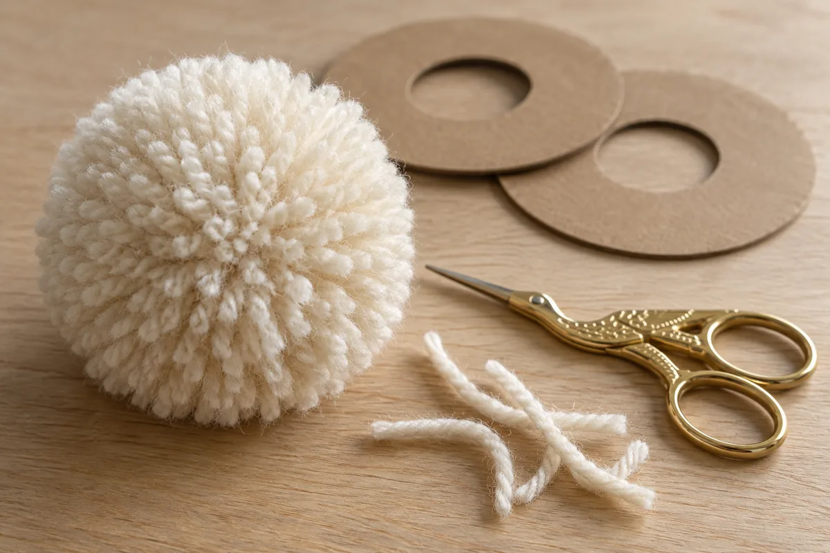 Pompon en laine et ciseaux de brodeuse posés sur une table en bois clair